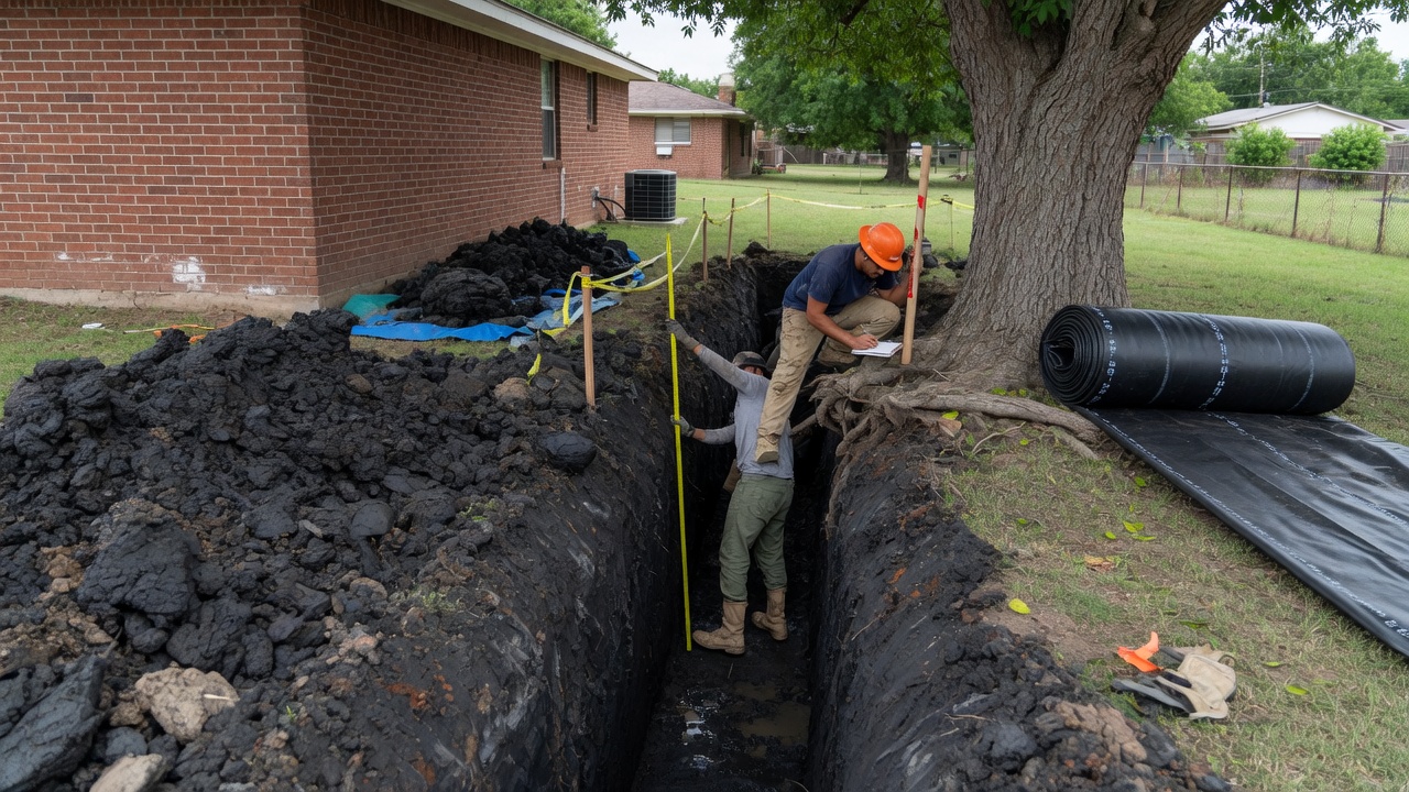 Root Barrier Dallas crew measuring a Dallas foundation